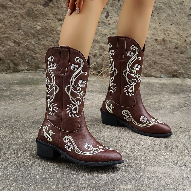  Women's Boots Outdoor Work Daily Cowboy Boots Plus Size Cowgirl Boots Winter Mid Calf Boots Embroidery Pointed Toe Block Heel Chunky Heel Fashion Elegant Classic PU Floral Black Brown Gray