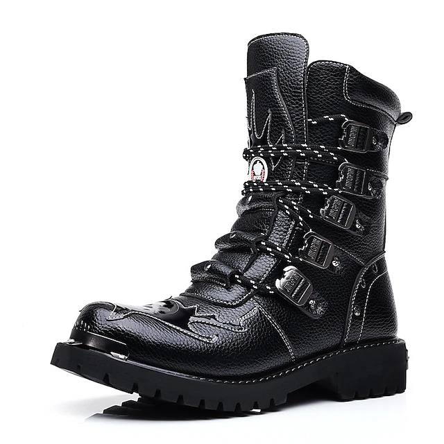 Men's Black Faux Leather Buckled Motorcycle Boots - Rugged and Durable Biker Footwear for Riding and Outdoor Adventures 6