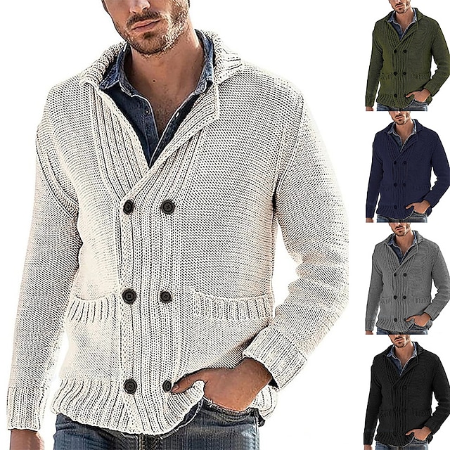  Men's Cardigan Sweater Fall Sweater Ribbed Knit Pocket Knitted Regular Lapel Plain Daily Wear Going out Warm Ups Modern Contemporary Clothing Apparel Winter Black White M L XL