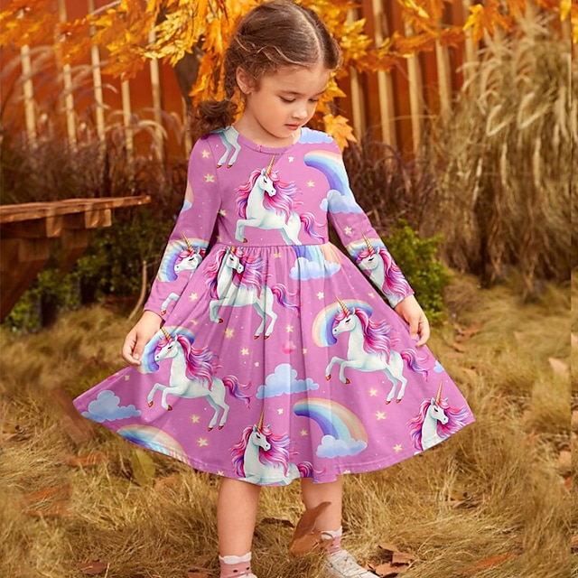 dívčí 3d šaty jednorožec s dlouhým rukávem 3D tisk květinová duha podzim zimní sporty & venkovní denní dovolená roztomilý ležérní krásné děti 3-12 let ležérní šaty šaty nad kolena polyester regular