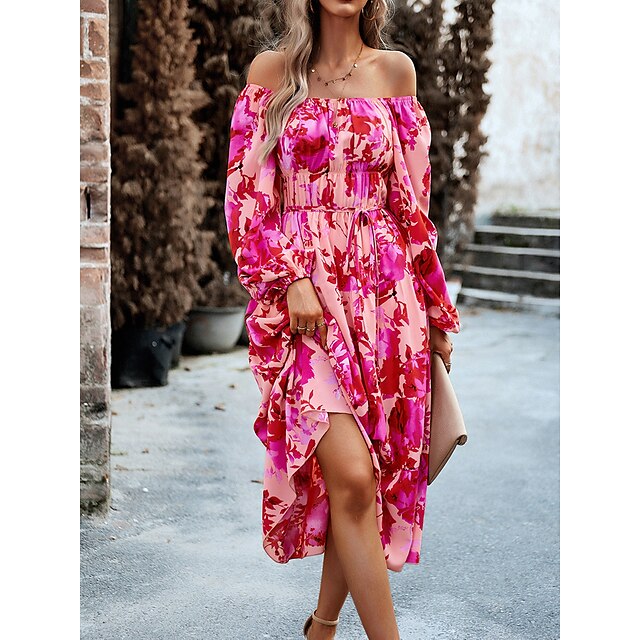  Women's Casual Dress Floral Print A Line Dress Floral Dress Square Neck Ruched Print Midi Dress Outdoor Street Active Fashion Slim Long Sleeve Black Pink Blue Fall S M L XL