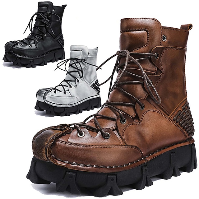  Men's Women Boots Motorcycle Boots Work Boots Biker boots Handmade Shoes Hiking Walking Vintage Casual Outdoor Daily Leather Warm Height Increasing Comfortable Booties / Ankle Boots Lace-up Brown