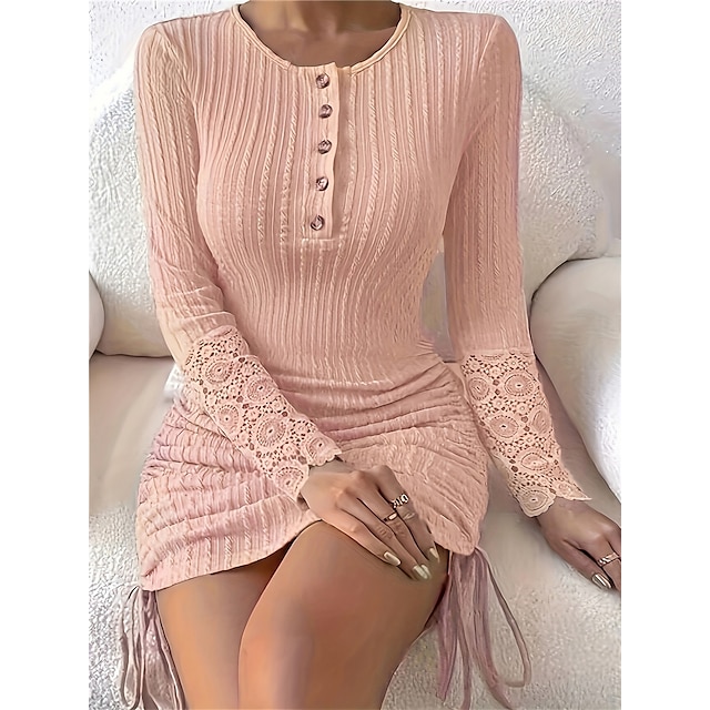 Women's Casual Dress Sweater Dress Bodycon Fashion Mini Dress Outdoor Casual Daily Going out Plain Long Sleeve Crew Neck 2023 Ruched Button Slim Pink S M L XL XXL 3XL