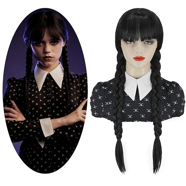 Wednesday Addams Wig Women Girls Long Black Braided Wigs For Wednesday