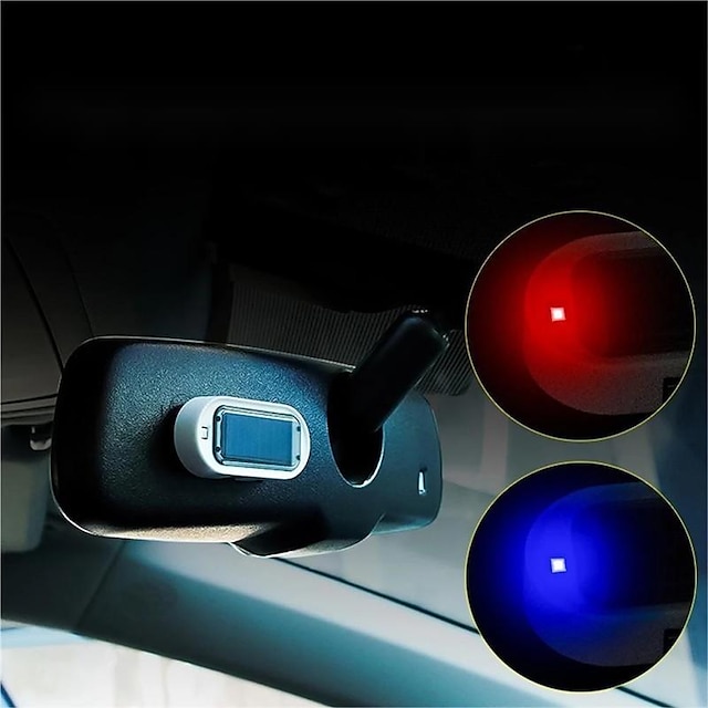  ضوء وامض للوحة أجهزة القياس في السيارة يعمل بالطاقة الشمسية وشحن تلقائي داخلي وإضاءة LED وشحن مساعد USB باللون الأزرق/الأحمر