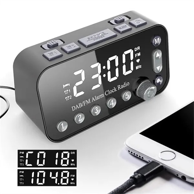  Digital Alarm Clock DAB/FM Radio Backup Dual Alarm Settings Jumbo Screen Display Electronic Desktop Clock with Snooze Function