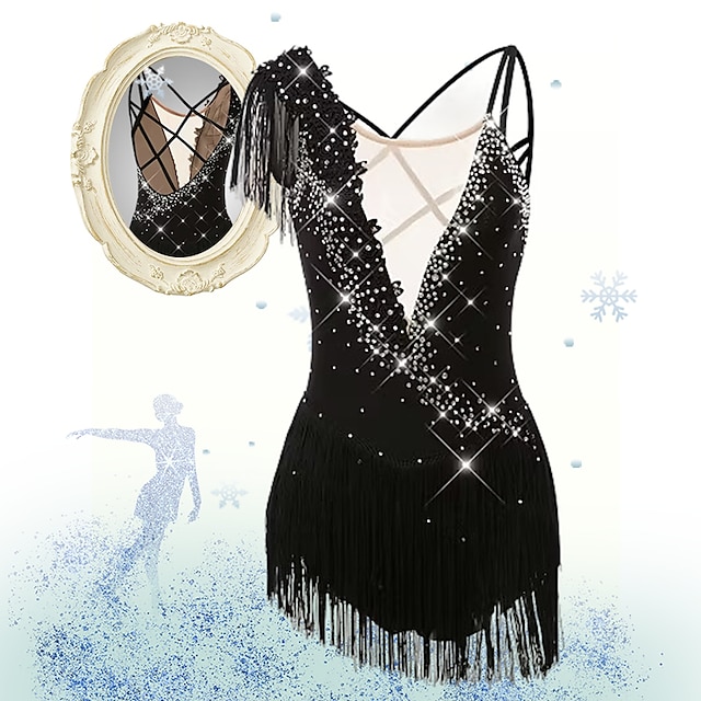  Eiskunstlaufkleid Damen Mädchen Eislaufen Kleider Schwarz Weiß Gelb Kreuz und quer Quaste Gitter Spandex Hochelastisch Wettbewerb Eiskunstlaufkleidung Ärmellos Latintanz Eislaufen Wintersport