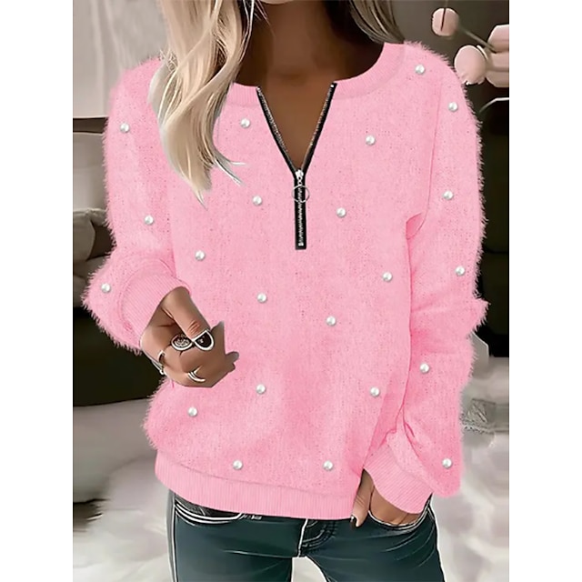 Women's Pullover Sweater Jumper Jumper Fuzzy Knit Zipper Glitter Regular Crew Neck Pure Color Date Valentine Casual Soft Fall Winter White Pink S M L