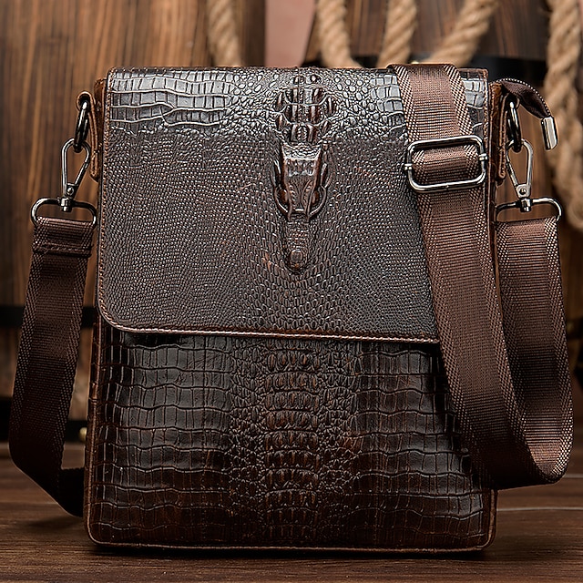  Sac à bandoulière vintage en cuir véritable, sac à bandoulière motif crocodile pour le travail, sac d'affaires, cadeau pour mari