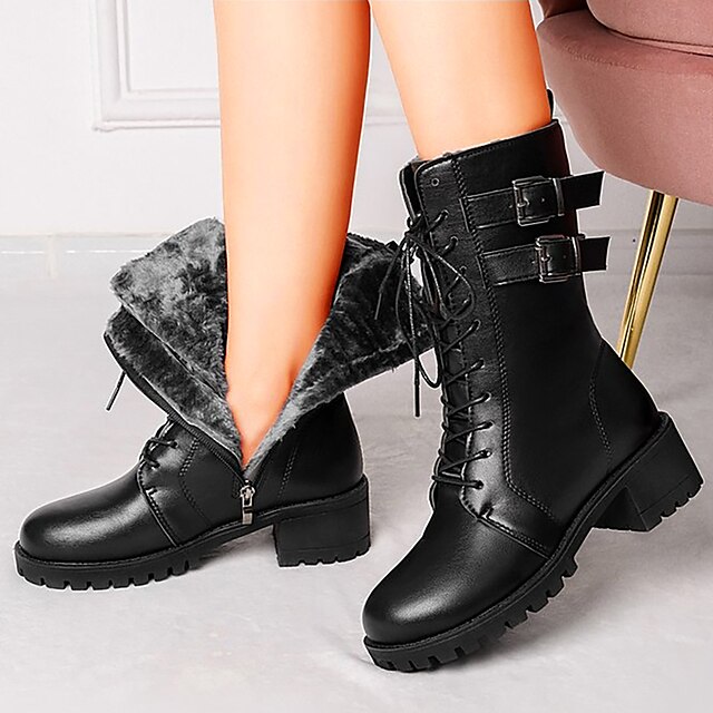  Women's Boots Combat Boots Motorcycle Boots Outdoor Work Daily Solid Color Fleece Lined Mid Calf Boots Winter Block Heel Chunky Heel Round Toe Casual Minimalism Industrial Style PU Zipper Black
