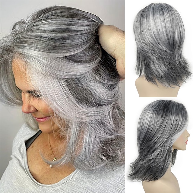  Layered Gray Wigs for White Women Short Silver Mixed Grey Wigs with Dark Roots Synthetic Hair Layered Bob Wigs Natural Looking
