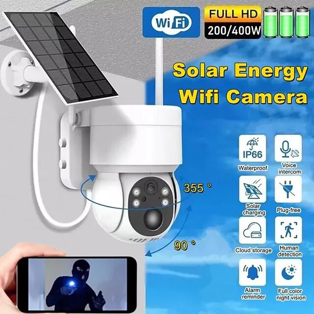 Solar Charging Waterproof Outdoor IP Security Surveillance Cam Wireless WiFi PTZ Camera Speed Dome CCTV Full Color Night Vision Motion Detection Built-in Large Batteries Two-Way Audio 20