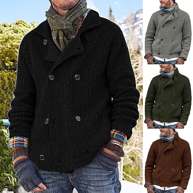  Men's Sweater Cardigan Sweater Ribbed Knit Knitted Regular Stand Collar Plain Daily Wear Going out Warm Ups Modern Contemporary Clothing Apparel Winter Black Brown S M L