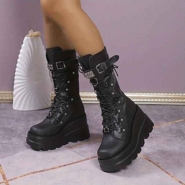 Women's Black Platform Lace-Up Motorcycle Boots with Studded Buckles, Gothic Style for Night Out and Alternative Fashion 11