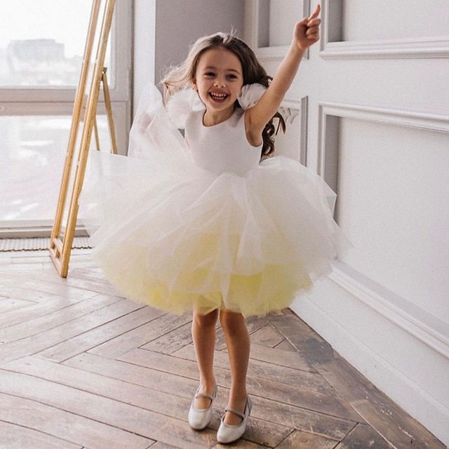  Kids Girls' Party Dress Solid Color Short Sleeve Performance Wedding Anniversary Fashion Princess Sweet Cotton Flower Girl's Dress Spring Fall Winter 3-10 Years Yellow