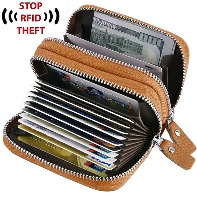  Bolsa de moedas de couro com bloqueio RFID, zíper duplo de metal dourado seccionado, concertina 9, capa para cartão de crédito, 4 bolsos, capa para dinheiro