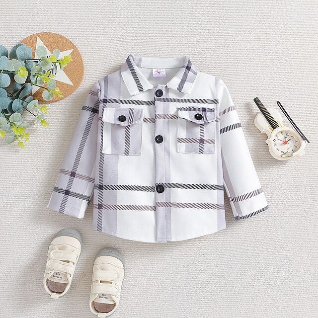  Toddler Boys Coat Outerwear Plaid Long Sleeve Coat Casual Fashion Daily White Fall Winter 3-7 Years