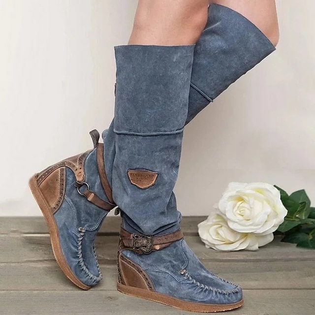  Women's Suede Knee-High Boots with Wedge Heel and Buckle Strap - Bohemian Style Casual Boots in Denim Blue