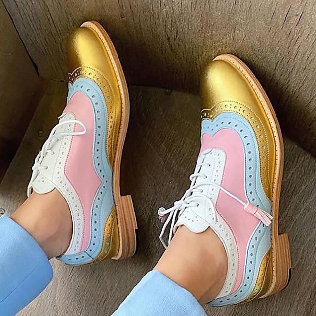  pantofi oxford cu sclipici roz și gri pentru damă, cu talpă groasă - pantofi brogues eleganti cu șireturi pentru ținute casual și statement