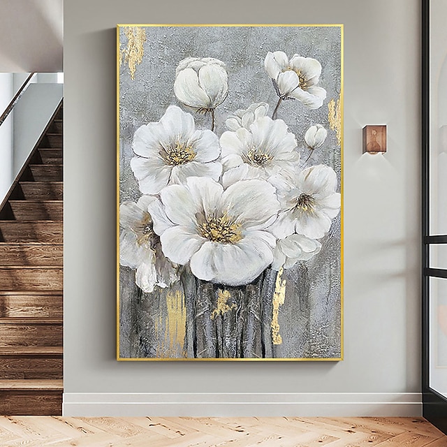  käsintehty käsinmaalattu öljymaalaus seinä abstrakti valkoinen kukkiva kukka öljymaalaus kankaalle alkuperäinen kultainen kukka akryylimaalaus moderni iso seinä taide sisustus valssattu kangas ei