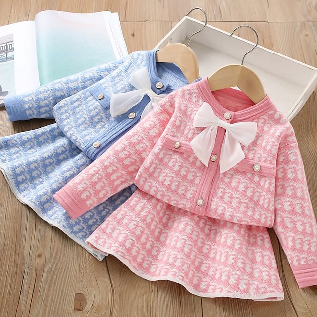  2 Pieces Toddler Girls' Color Block Ruched Skirt & Sweater Set Long Sleeve Active School Cotton 3-7 Years Spring Pink Blue