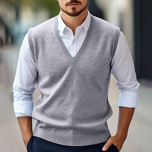  Men's Sweater Vest Wool Sweater Pullover Sweater Jumper Jumper Ribbed Knit Regular Knitted Plain V Neck Vintage Stylish Work Daily Wear Clothing Apparel Winter Autumn Camel Wine M L XL