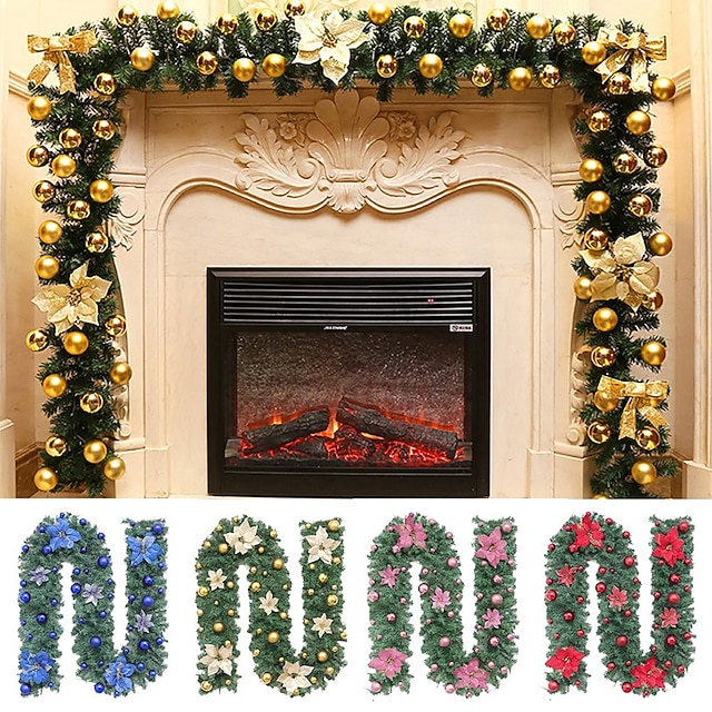 8,8 láb/2,7 m mesterséges karácsonyi füzér lépcsőház dekoráció zöld rattan virágdíszekkel otthoni lépcsők kandalló bejárati veranda ajtó bemutató beltéri kültéri karácsonyi dekoráció