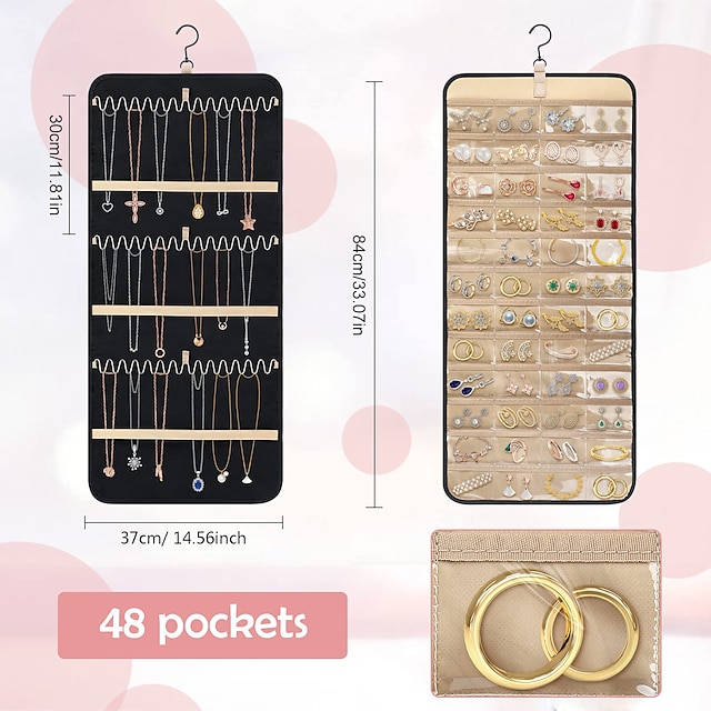  1 PCS Hanging Jewelry Organizer with Metal Hooks Double-Sided Jewelry Holder Necklace Holder with 48 Pockets Large Jewelry Roll for Earrings Necklaces Rings on Closet Wall