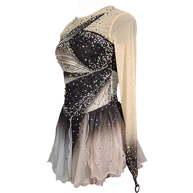 Figure Skating Dress Women's Girls' Ice  Purple Patchwork Thumbhole Mesh High Elasticity Skating Wear
