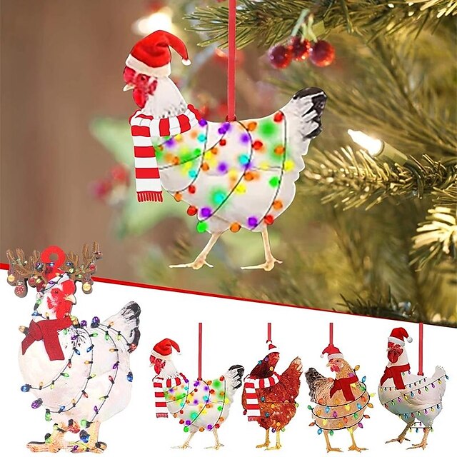  5pcs Christmas Scarf Chicken Holiday Decoration, Christmas Outdoor Decoration, Wooden Christmas Pendants, Christmas Ornament