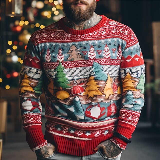 Pulls de Noël pour homme Pull de Noël à carreaux Arbre de Noël décontracté Tricot pour