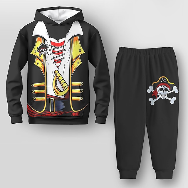  Halloween pirate costume Boys 3D Skull Hoodie & Pants Set Long Sleeve 3D Printing Fall Winter Active Fashion Cool Polyester Kids 3-12 Years Outdoor Street Vacation Regular Fit