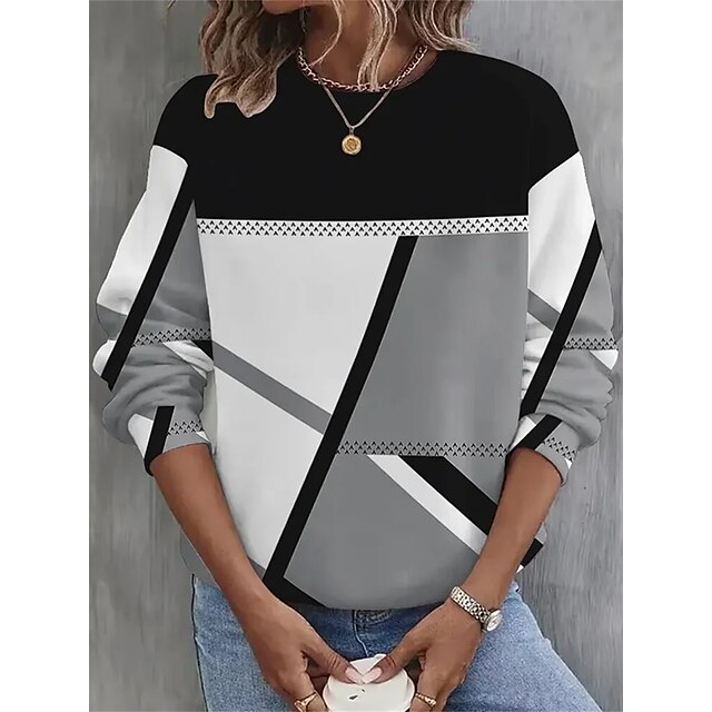  Women's Sweatshirt Pullover Active Gray Geometric Casual Sports Round Neck Top Long Sleeve Fall & Winter Micro-elastic