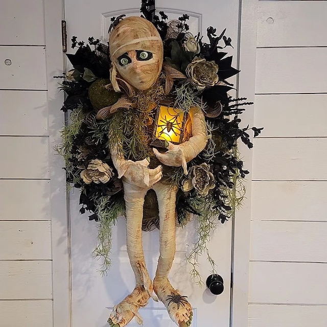  Halloween aterrador momia corona de bienvenida signo momia halloween puerta redonda placa colgante para halloween acción de gracias navidad decoración del hogar corona de bienvenida de halloween