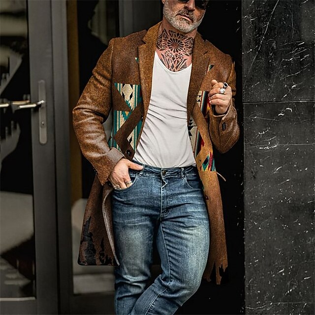 Men's Tribal Geometry Bandana Print Winter Coat Overcoat Coat Warm Comfortable Breathable Vintage Business Casual Work Wear to work Going out Pocket Print Fall & Winter Stand Collar Long Sleeve Brown3