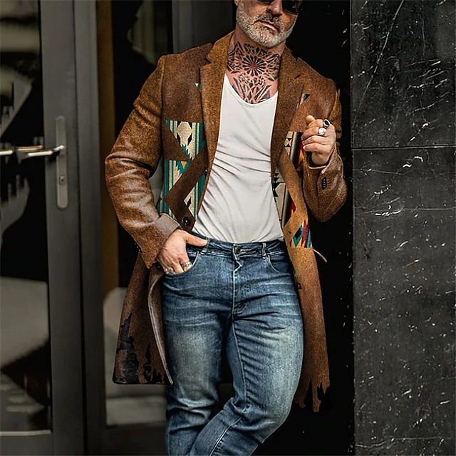 Men's Tribal Geometry Bandana Print Winter Coat Overcoat Coat Warm Comfortable Breathable Vintage Business Casual Work Wear to work Going out Pocket Print Fall & Winter Stand Collar Long Sleeve Brown3