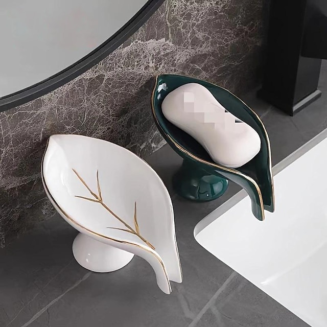  porta-saboneteira de cerâmica, saboneteira luxuosa e simples e moderna em forma de folha de alta qualidade, saboneteira de banheiro, autodrenante sem acúmulo de água