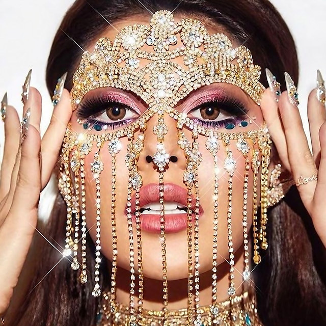  kvinnors kristall fransar ansiktsmask strass tofs mask slöja ansikte kedja maskerad mask kedja kostym huvudbonader halloween karneval