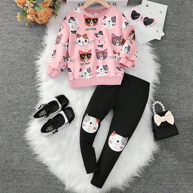  Girls' 3D Cat Sweatshirt & legging Set Long Sleeve 3D Print Fall Winter Active Fashion Daily Polyester Kids 3-12 Years Crew Neck Outdoor Date Vacation Regular Fit