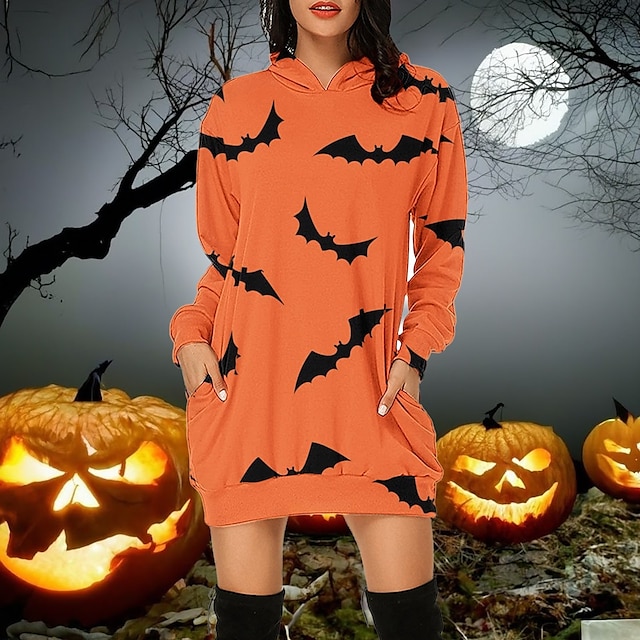  Halloween Kürbis Schädel/Skelett Hoodie-Kleid Bedruckt Grafik Für Damen Erwachsene Halloween Karneval Maskerade 3D-Druck Halloween Casual