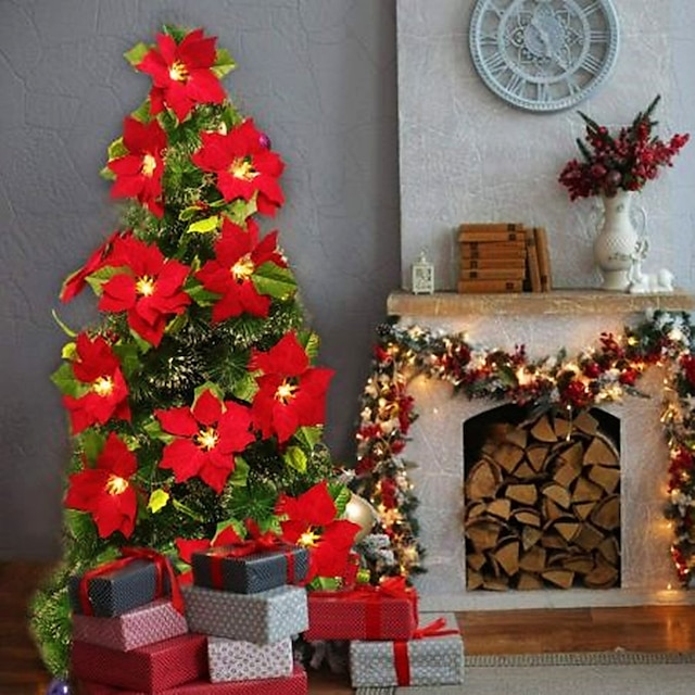  2 متر 10 مصابيح LED وميض ستار عيد الميلاد البونسيتة مع التوت الأحمر وأوراق هولي زهرة صناعية سلسلة ضوء عيد الميلاد تعمل بالبطارية