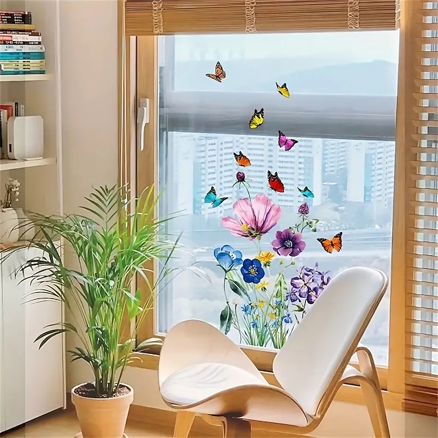  Dwustronne kolorowe wiosenne letnie naklejki na okna statyczne przylegające kwiatowe motyle naklejki na okna dla szklanych ptaków antykolizyjne szklane drzwi naklejki dekoracyjne, wielokrotnego użytku