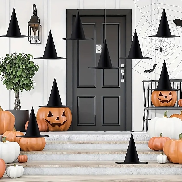  5 ks čarodějnických klobouků - černé čarodějnické klobouky z Oxfordské tkaniny pro halloweenský kostým a party doplňky