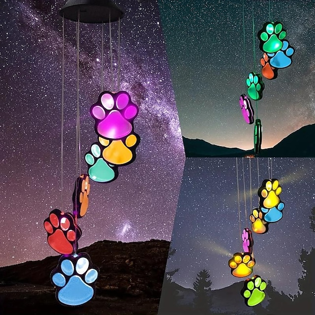  lumini solare cu imprimare cu gheare pentru clopoțel eolian, lumini suspendate solare în aer liber, lumină solară pentru grădină, urme de câine decorate pentru cadouri de sărbători de ziua de naștere, grădina impermeabilă cu imprimeuri de clopoțel de vânt