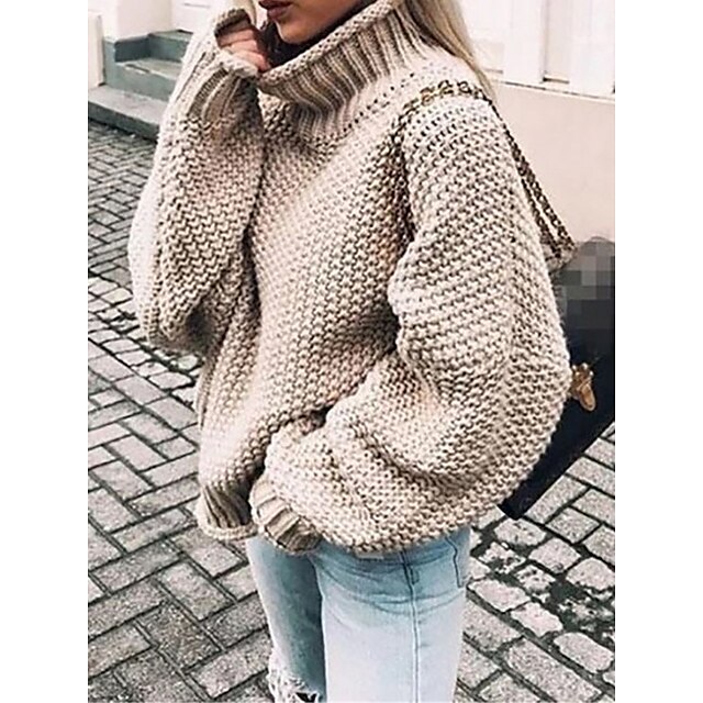  Women's Pullover Sweater Jumper Jumper Ribbed Knit Oversized Regular Turtleneck Solid Color Daily Going out Stylish Casual Fall Winter Black Pink S M L