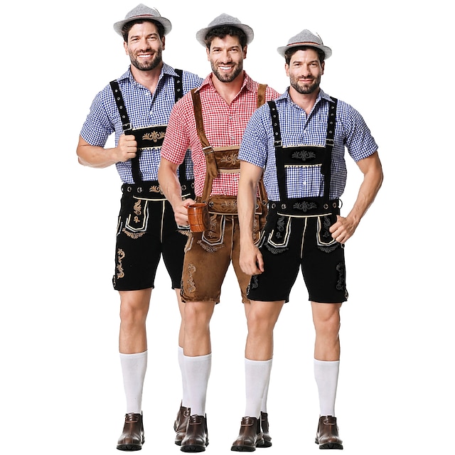  פסטיבל אוקטובר תחפושות לדרהוזן חולצה בוואריה בוואריה German כרי דשא בגדי ריקוד גברים בד בסגנון מסורתי חולצה מכנסיים קצרים כובע
