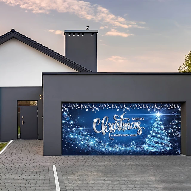Christmas Door Decorations Outdoor Garage Door Cover Xmas Banner Blue Atmosphere Tree Large Backdrop Decoration Deer Door Cover Decoration for Holiday Outdoor Garage Door Home Wall Decorations 12