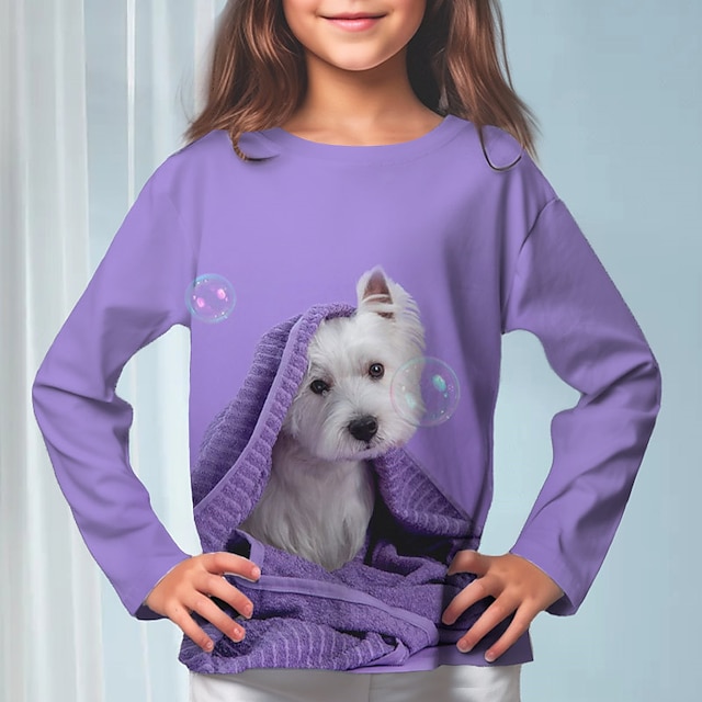  3D-Hunde-T-Shirt für Mädchen, langärmlig, 3D-Druck, Herbst, Winter, aktiv, modisch, niedlich, Polyester, Kinder, 3–12 Jahre, Rundhalsausschnitt, Outdoor, lässig, täglich, normale Passform