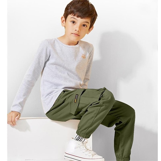  Kids Boys Cargo Pants Trousers Pocket Solid Color Windproof Comfort Pants School Fashion Daily Black Army Green Khaki Mid Waist