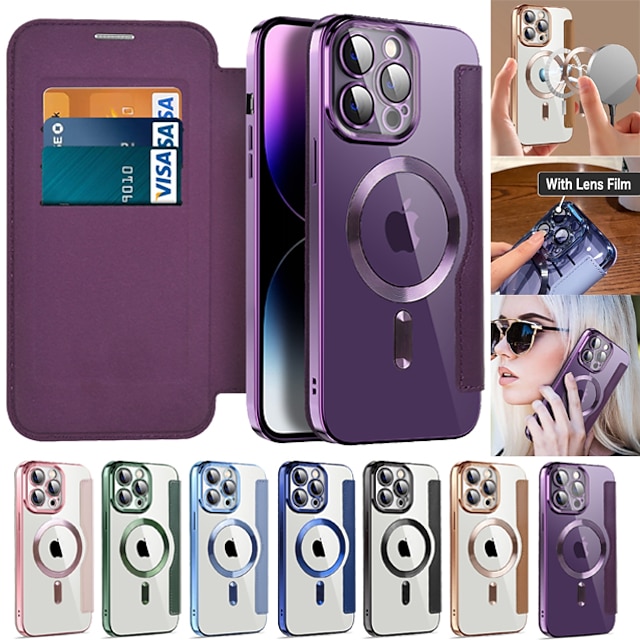  telefon fodral Till Apple AirTag iPhone 15 Pro Max Plus 14 13 12 11 Plånboksfodral Med Magsafe Genomskinlig Kortplats Kontor / företag TPU PU läder